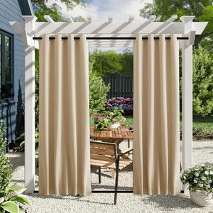 NICETOWN 2 Panels Outdoor Patio Curtains Windproof & Waterproof, Top & Bottom Grommet & Back Tab Light Blocking Drapes Keep Privacy for Yard/Porch with Ropes for Fixed, Biscotti Beige, W46 x L72 (46"W x 72"L (Pack of 2))