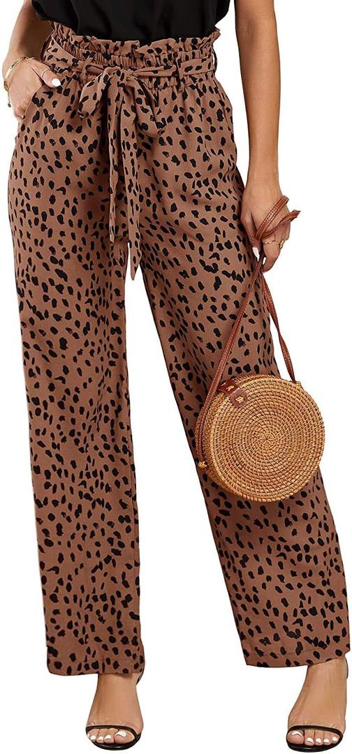 SySea Womens High Waisted Leopard Print Palazzo Pants Belted Wide Leg Long Trousers with Pockets (Medium, 1-brown(leopard))