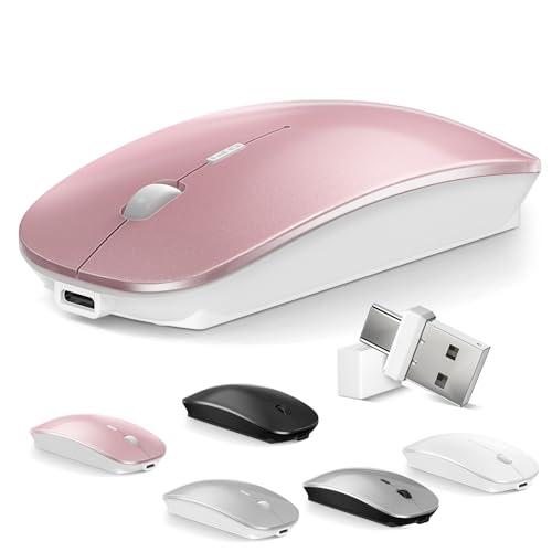 Mouse for MacBook Wireless Bluetooth Mouse Laptop MacBook Air Mac Pro Rechargeable Silent PC iPad Optical Mouse with Dual Mode Switch Bluetooth 5.2/3.0 and 2.4GHz USB Type-C Receiver Rose Gold
