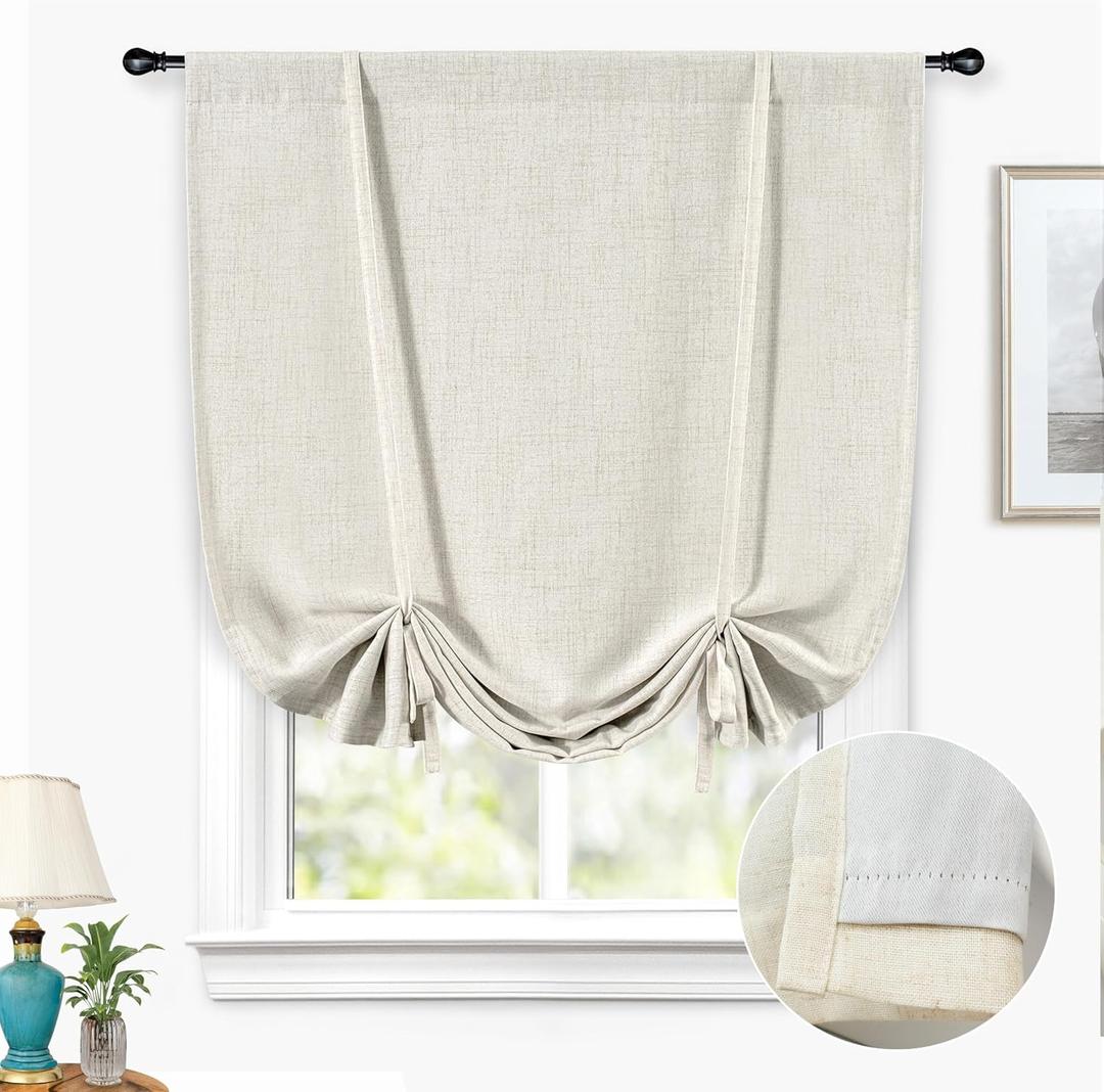 DriftAway Double Layer Linen Blackout Tie Up Curtains, Thermal Insulated Fully Lined, Balloon Roman Shade, Bathroom Window Adjustable Rod Pocket for Small Window 39 Inch by 55 Inch Light Linen