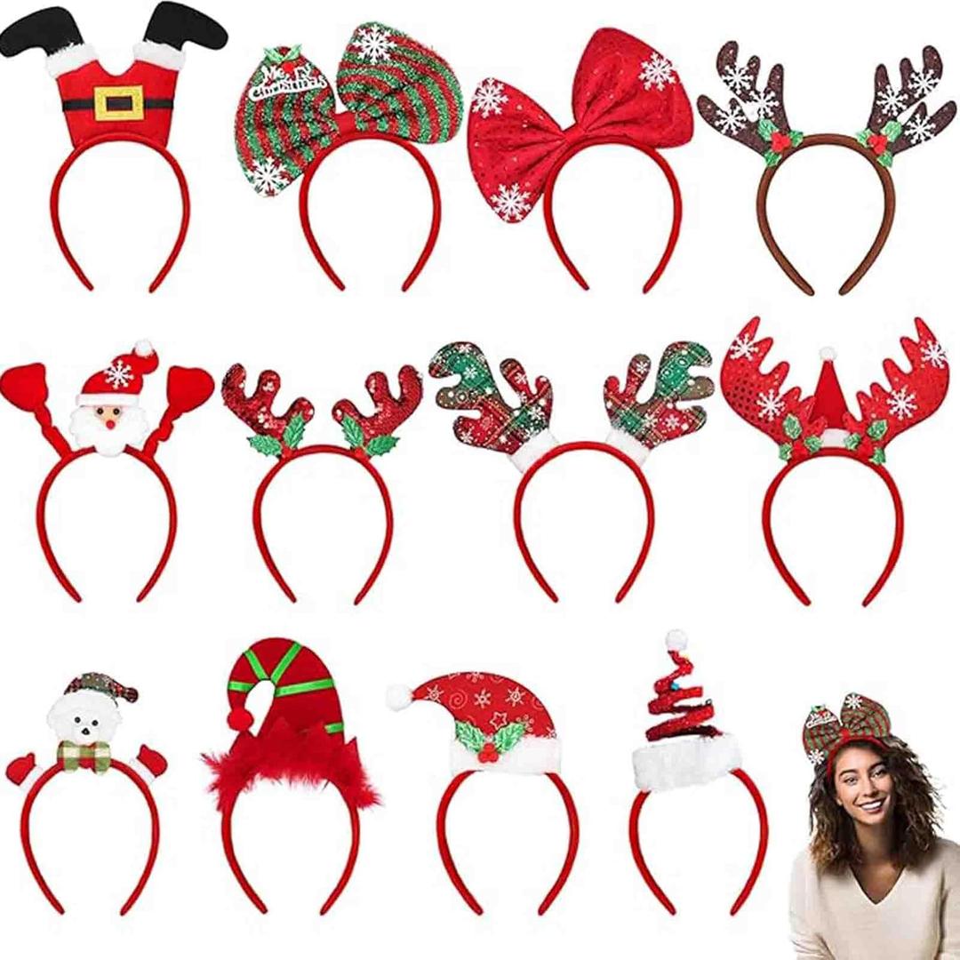 MNKXL 12PCS Christmas Headbands for Adults Bulk,Xmas Headwear Party Favors for Women,Santa Hat Headband