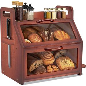 BAMBANG Extra Large Bread Box, Double Layer Bread Box for Homemade Bread, Bamboo Wooden Bread Storage Container with Tool Holder & Handles & Window, Assembly Required(14.9" x 11" x 15.3") Brown