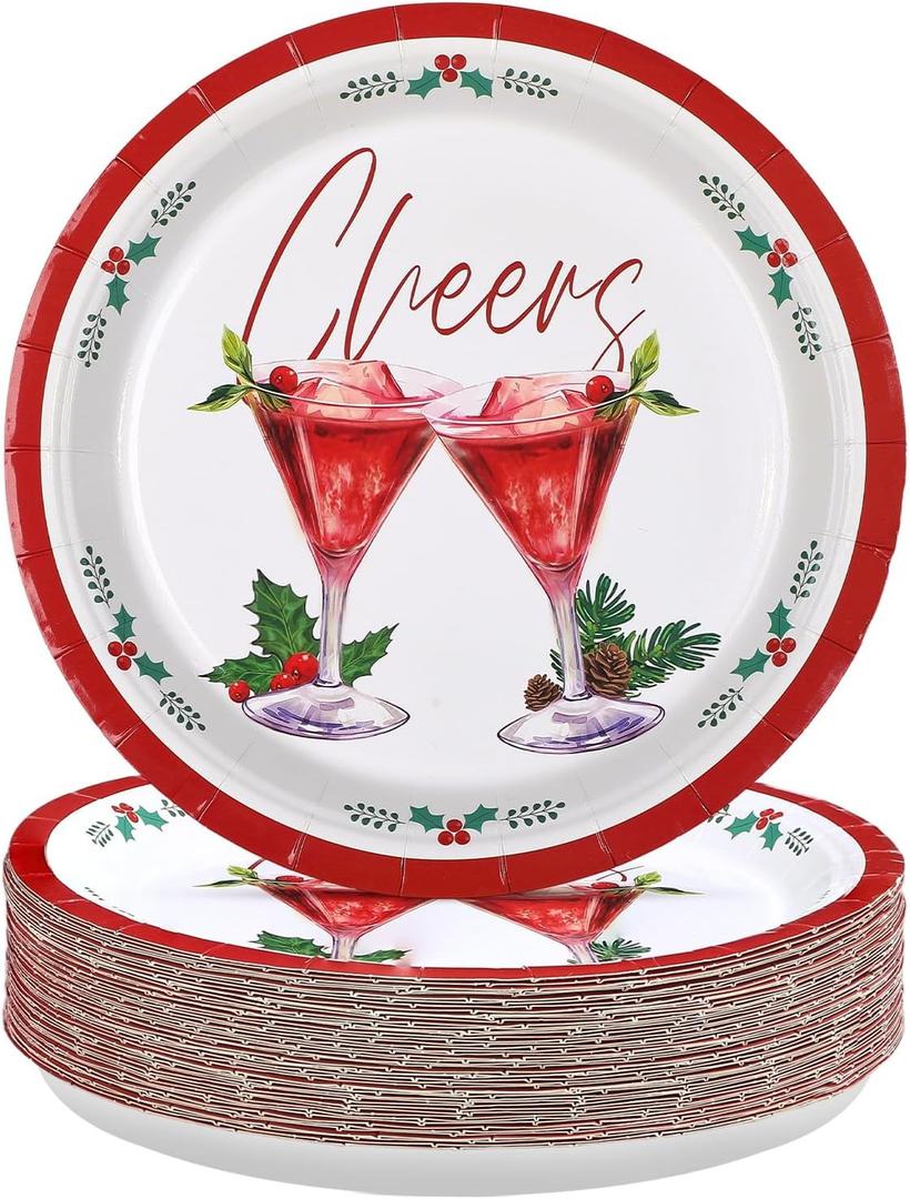 50 Pcs Winter Cheers Cocktail Plates 9" Red Green Cheers Cocktail Paper Plates Disposable Heavy Duty Merry Christmas Martini Platters for Winter Holiday Xmas Dinner Bachelorette Party Decorations