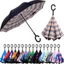 Inverted Reverse Umbrella with C-shaped Handle Windproof Upside Down Umbrellas for Rain Double Layer Hands Free Umbrella for Women and Men (Yellow Plaid)