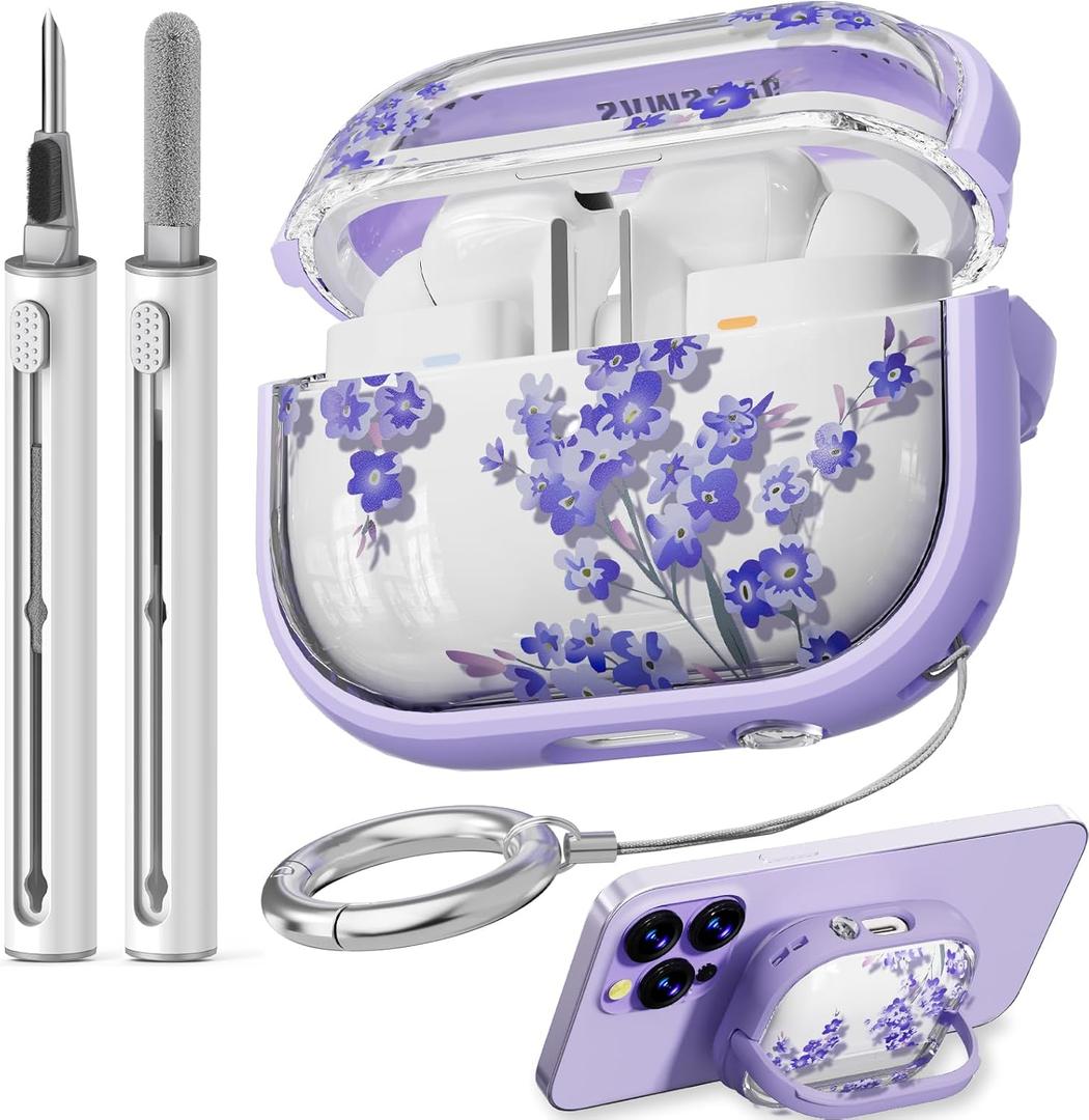 Inesore with Safety Lock for Samsung Galaxy Bud Pro 3 Case/Galaxy Buds 3 Caseswith Cleaner Kit and Keychain, Cute Floral Buds Pro 3 Case Cover forWomen Girly- Purple Bell Flower