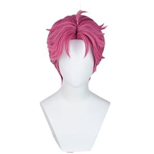 Short Dark Pink Wig for Men Pink Anime Hair Akaza Wig + Cap for Stage Party Halloween Costume Cosplay