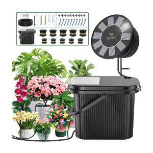 Solar Drip Irrigation System Kit,TRJZWA Solar Powered Auto DIY Plant Watering Device with 10 Pack Plastic Plant Pots(4.5/6) and 3.5 Gallons Handy Bucket for Carry