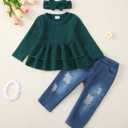 Renotemy 2t-3t Toddler Girl Clothes - Fall Winter Outfits - Green Cowgirl Jeans Pants Set Size 2t 3t - Rib Knit (Green)