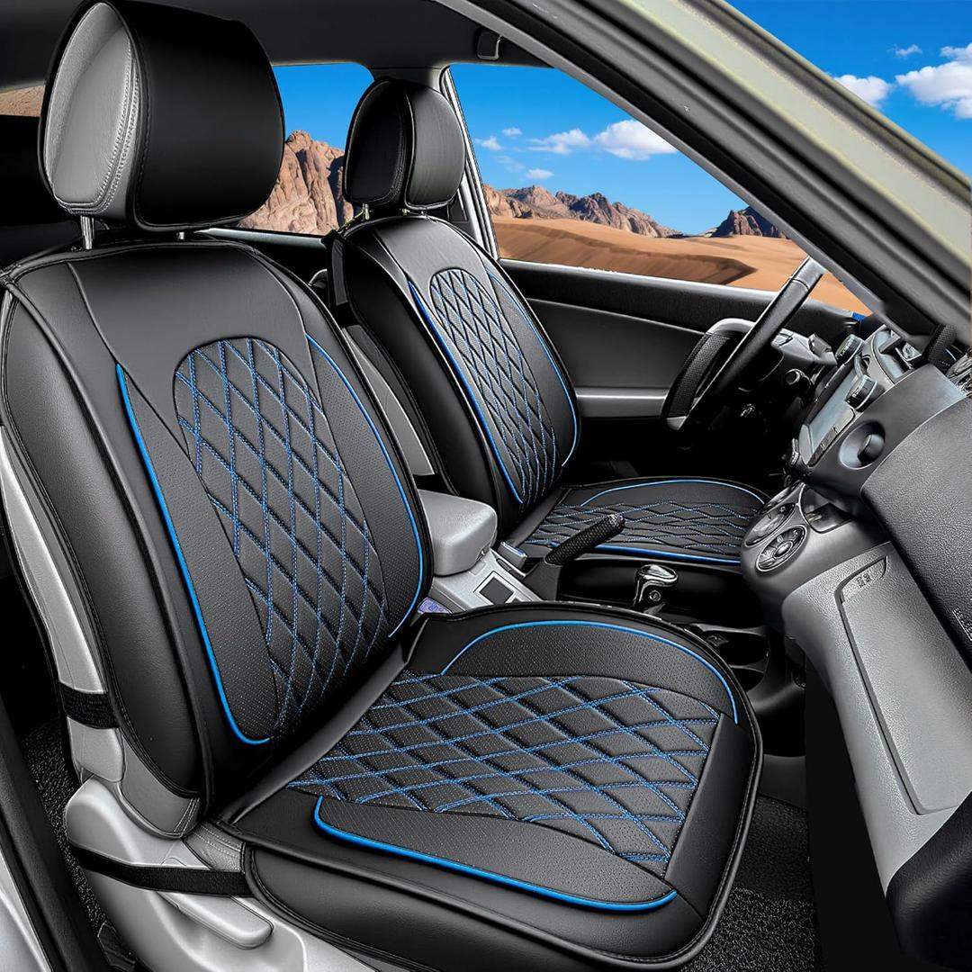 LINGVIDO Car Seat Covers  Premium Nappa Leather Full Set for Front & Rear Seats, Durable, Comfortable, Easy to Install, Fits Most Cars, Sedans, SUVs  Ideal for Commuters, Families & Road Trips (Black & Blue Line)