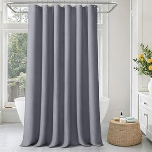 Extra Long Grey Waffle Weave Shower Curtain Cotton Fabric Texture Shower Curtain for Bathroom,72Wx84L