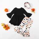 Noubeau Toddler Baby Girls Halloween Outfits Letter Print Flare Sleeve Dress Shirt Cute Pumpkin Bell-Bottoms Pants Scarf (12-18 Months, Black)