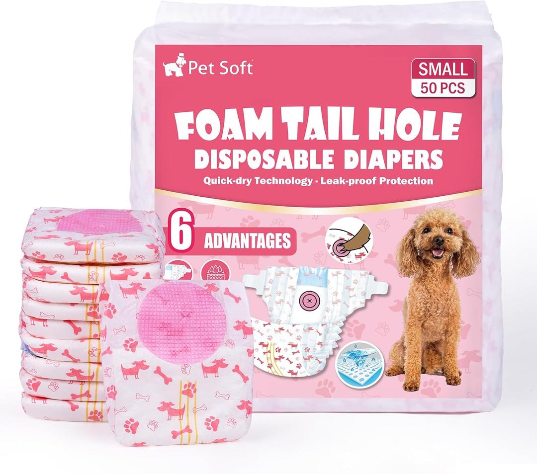 Pet Soft Disposable Dog Diapers - Female Dog Diapers with Adjustable Foam Tail Hole, Ultra Protection Puppy & Cat Diapers Wetness Indicator for Dogs in Heat or Incontinence, 50pcs (S,Red)