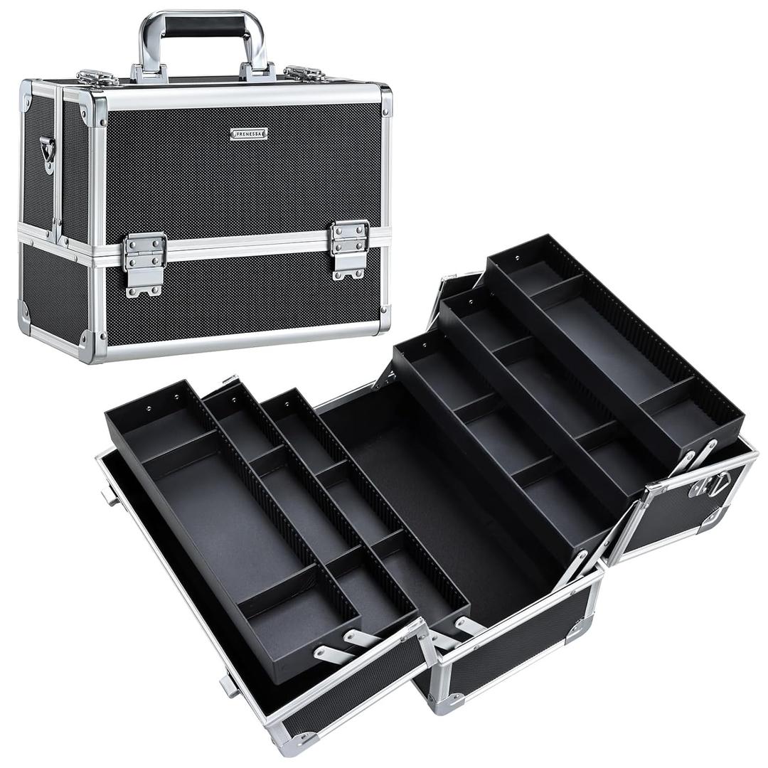 FRENESSA Makeup Train Case Makeup Case 12.6 Inch Large Cosmetic Box Organizer Travel Storage Professional Make Up Train Carrying Case with 6 Trays Locking Shoulder Strap Hard Vanity Storage Black