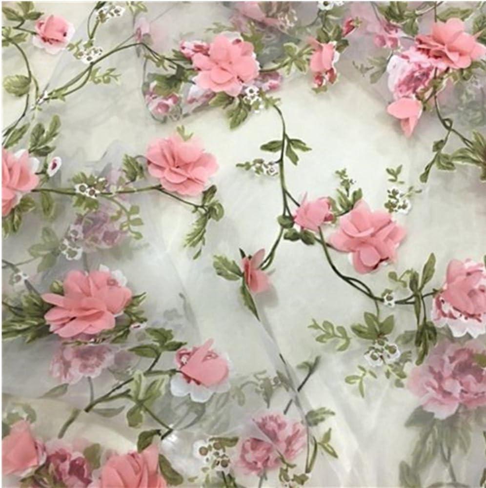Tong Gu Lace Fabric Organza 3D Pink Chiffon Rose Floral Embroidery Wide 55 in (Pink, Length 1 m/39 in)