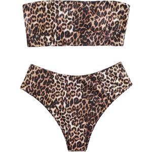 GORGLITTER Women's 2 Piece Leopard Print Strapless Bandeau Swimsuit Tube Top High Cut Bikini Sets (Brown Multicolor) Small