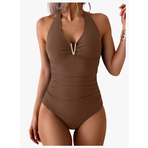 B2prity One Piece Swimsuit for Women Tummy Control Halter Bathing Suit V Neck Push Up Swim Suit Ruched Swimwear, L