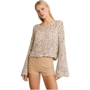 GORGLITTER Women's Plus Size Colorblock Crochet Sweater Cropped Hollow Out Long Sleeve Fall Trendy Fall Top