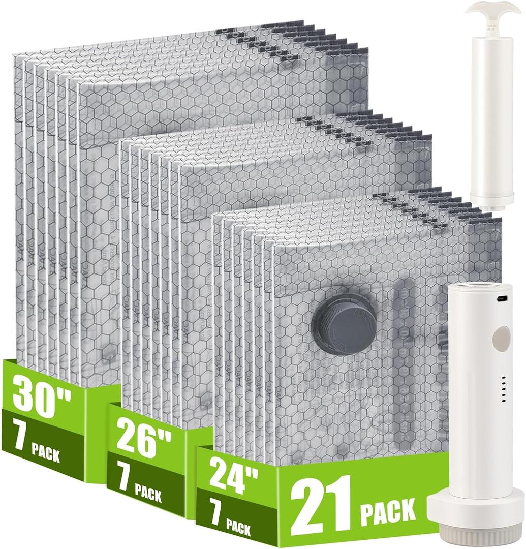 Travel Vacuum Storage Bags for Clothing with Rechargeable Air & Hand Pump, 21 Pack Portable Space Saver Bags, Compression Packing Seal for Luggage and Suitcase, Blankets, Seasonal Storage