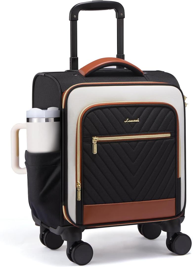 LOVEVOOK Underseat Carry On Luggage Airline Approved, 14 Inch Soft side Suitcases with Wheels, Lightweight Spinner Carry on Suitcase with TSA Lock Weekender (Black/White/Brown)
