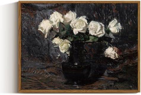 VIYYIEA Framed Canvas Wall Art Home Decor Vintage Botanical Prints White Roses in Vase Rustic Farmhouse Flower Wall Decor Mid Century Pictures Art Prints Floral Room Decor for Living Room 12x16in