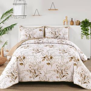 Aninbedding Floral King Quilt Set,Brown Botanical Bedspread Coverlet Set with 2 Pillowcases,Lightweight Soft Micorfiber Bedding Set for All Season(104"x90")