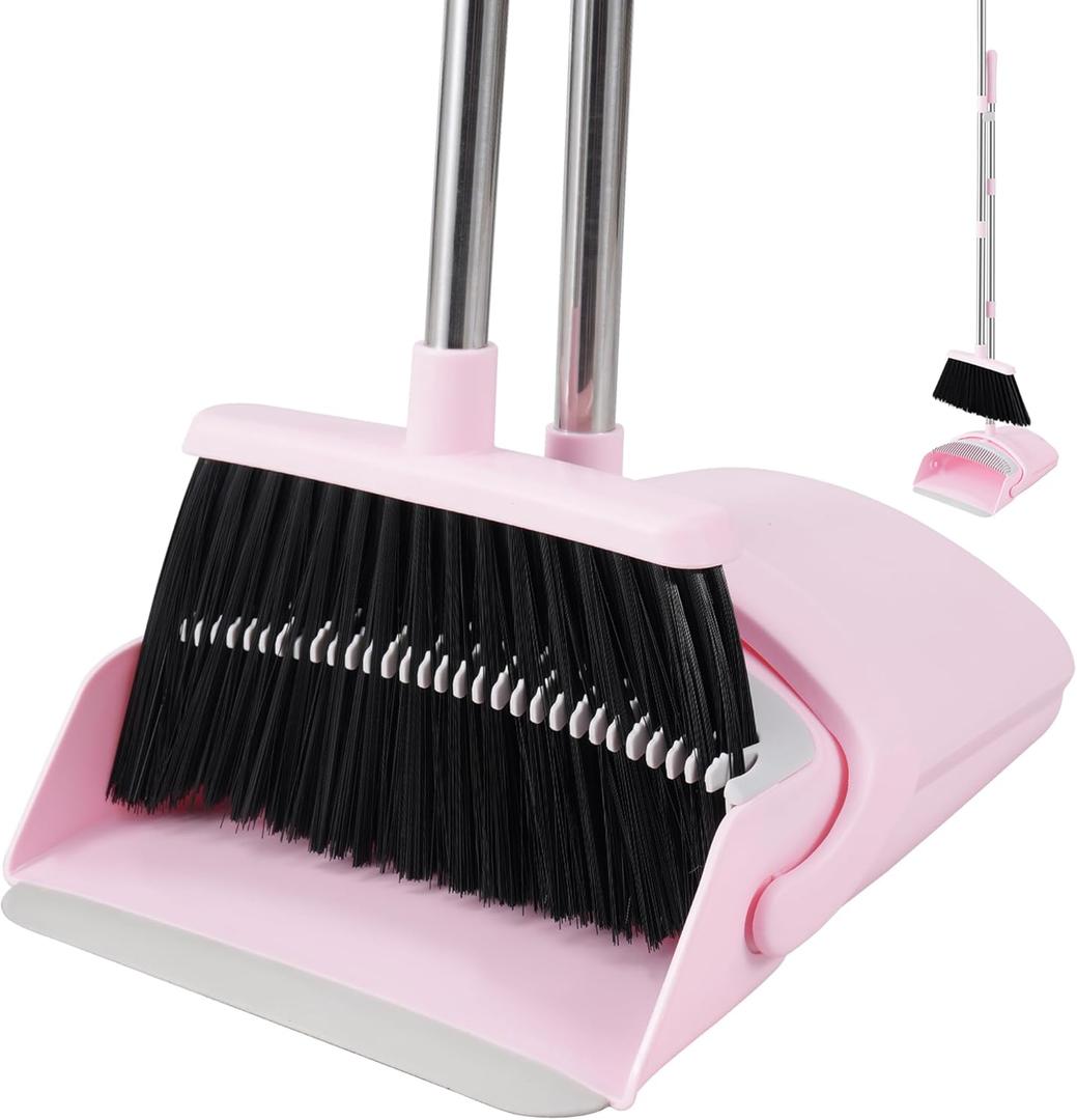 Pink Broom and Dustpan Set, 52 Long Adjustable Handle Broom with Dustpan Combo Set with Dust Pan Teeth to Clean Hair for Home Lobby Office