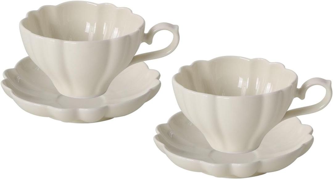 Flower Shaped Ceramic Coffee Cup Teacup with Saucer, Set of 2