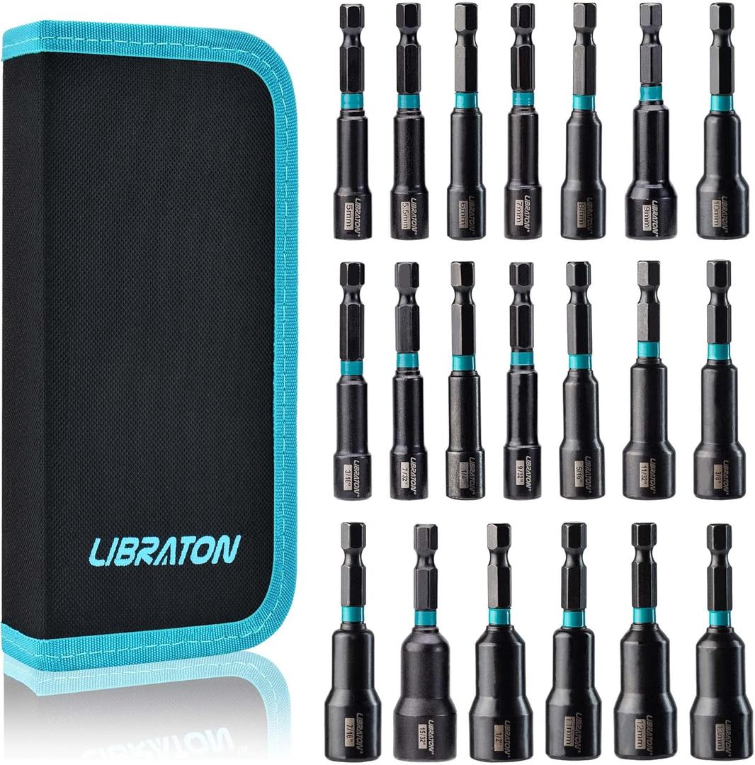 Libraton 20PCS Magnetic Nut Driver Set, Impact Drill Driver Bit Set 1/4", Metric and SAE Nut Driver, with Storage Bag, 5-13mm and 3/16''-1/2'' Nut Drivers