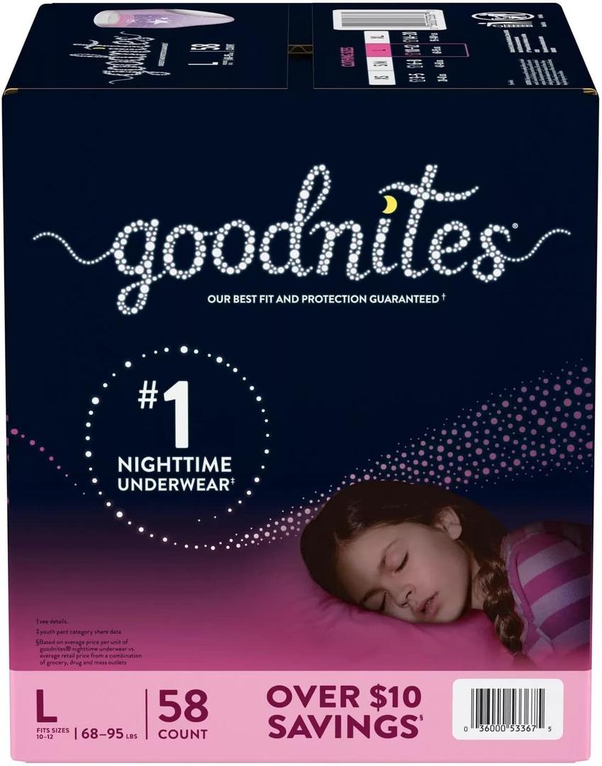 GoodNites Bedtime Underwear for Girls, Large (68-95 Pounds), 58 Count
