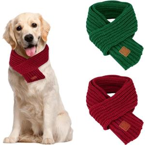 SlowTon Dog Knitted Scarf, 2 Pack Dog Warm Bandanas, Christmas Winter Holiday Decoration Scarf for Small Medium Large Dogs (Red, Green)