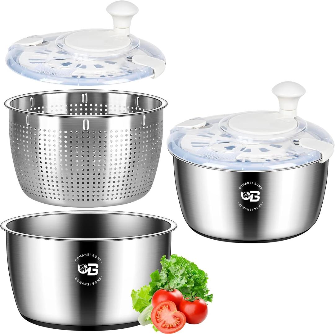 5.3 Qt Stainless Steel Salad Spinner, BOMANSI BOMS Large Salad Spinners Vegetable Spinner, Lettuce Spinner, Fruit Washer, Dishwasher Safe, 304 Stainless Steel Bowl & Basket, Beige