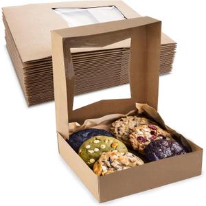 MT Products Brown Cookie Boxes 8" x 8" x 2.5" - Auto Pop-Up Bakery Boxes with Window (Pack of 25) - Made in the USA