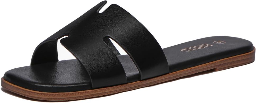 Rihero Women's Dressy Flat Sandals Comfortable Slip On Leather Slide Sandals, 7