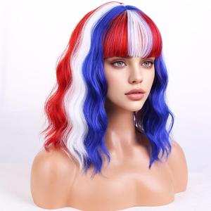 Red White Blue Wigs for Women Girls American Flag Wig 4th of July wigs Short Curly Wavy Wigs With Bangs Fourth of July Party WigFourth of July Party Wigs