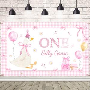 One Silly Goose Backdrop Goose 1st Birthday Banner Our Little Goose is Turning One Goose Theme Pink Plaid Bow Tie Banner Cute Cartoon Birthday Party Decorations 70.8x43.3inch (5.9x3.6ft)