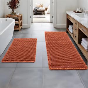 MIULEE Fall Orange Set of 2 Waffle Bathroom Rugs, Boho Bath Rugs Non Slip Washable, Super Absorbent Bath Mats, Ultra Soft Rubber Backed Shower Mats for Bathroom Floor, Tub, 17"x24"+17"x48"