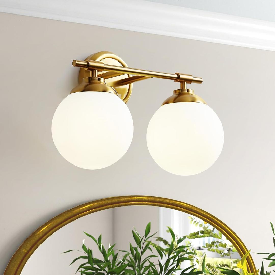 Gold Bathroom Light Fixtures, ETL 2 Light Vanity Lights Over Mirror, Modern Vanity Lights for Bathroom, Milk White Glass Shades, E26 Base Bulbs Not Included