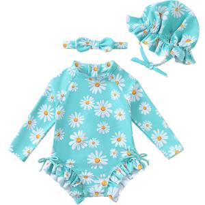Renotemy Baby Girls Swimsuit Drawstring Zip Bathing Suit Long Sleeve One-Piece Rash Guard Swimwear with Hat for Infant Girl (3-6 Months, Mint Blue)