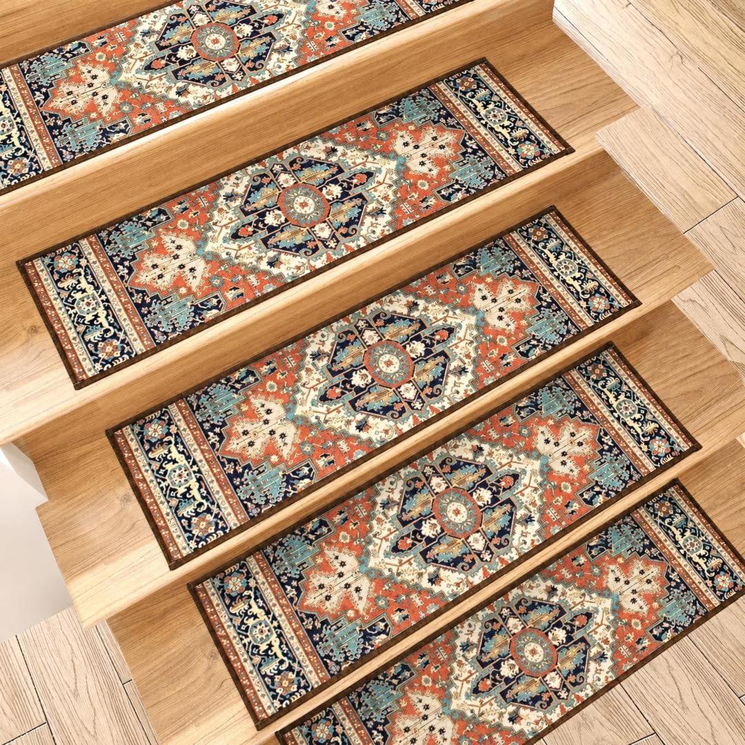 GIB Stair Treads for Wooden Steps Non Slip Washable Carpet Stair Treads 8" X 30", Self Adhesive Indoor Stair Runners for Kids Elders and Dogs, Classic Persian Medallion, Red & Navy, 15 Pack