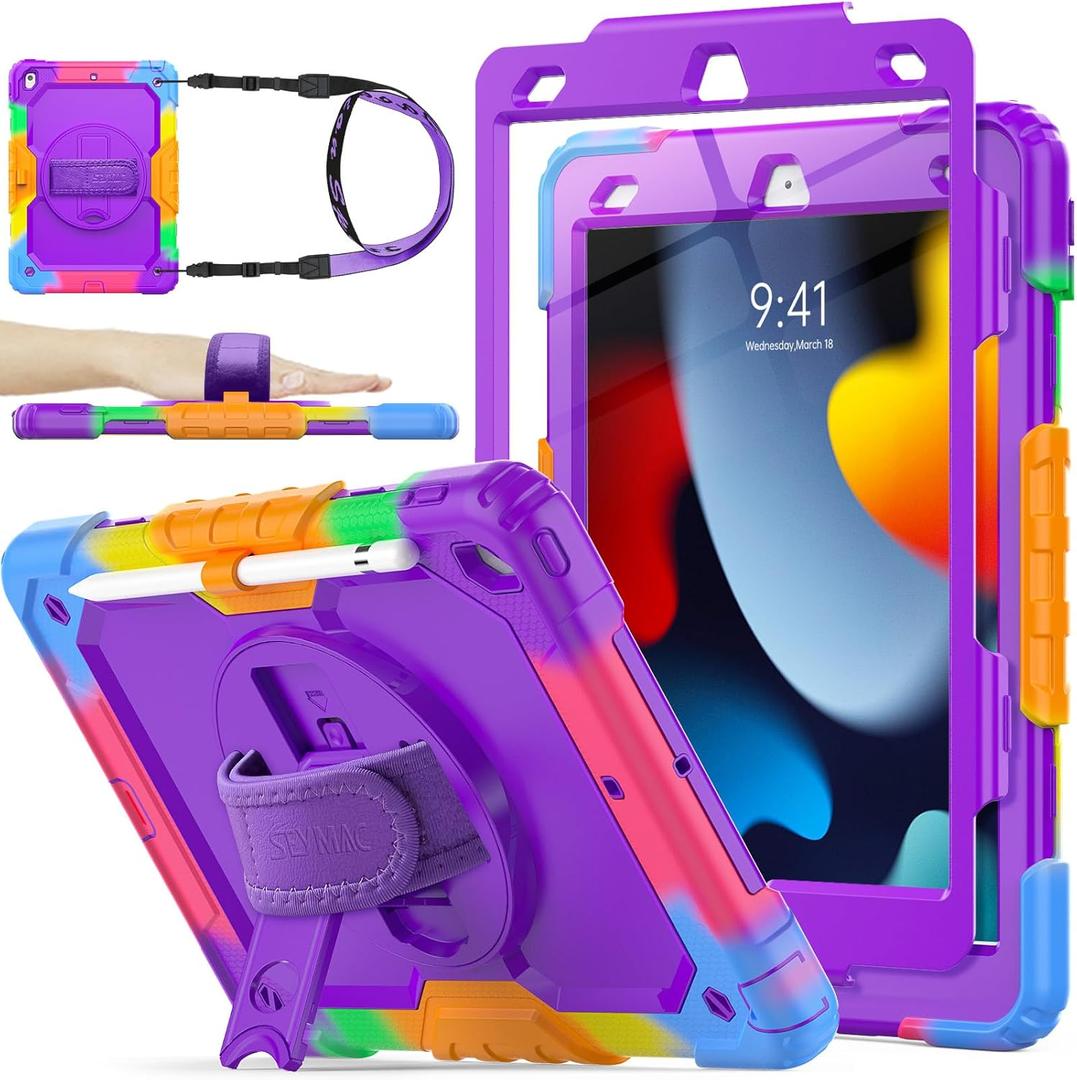 SEYMAC stock Case for iPad 9th/ 8th/ 7th Generation 10.2'', Shockproof with Screen Protector, Pencil Holder [360 Rotating Hand Strap] & Stand, for iPad 10.2 inch 2021-2019 (Purple + Colorful)