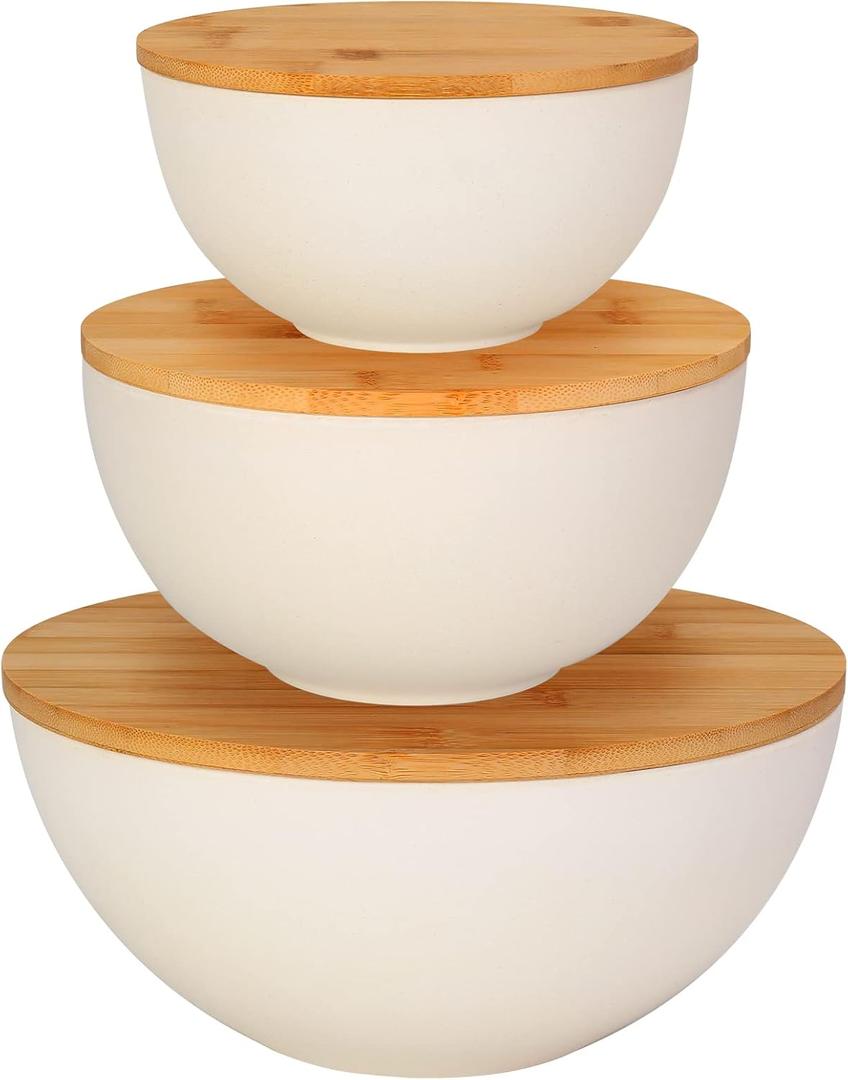 ShineMe Salad Bowl with Lid, Natural Bamboo Fiber Serving Bowls Set of 3 with Bamboo Wood Lids, Beige Mixing Bowls Set for Preparing, Storing and Serving Salad Fruit Chips Bread(10",8",6")