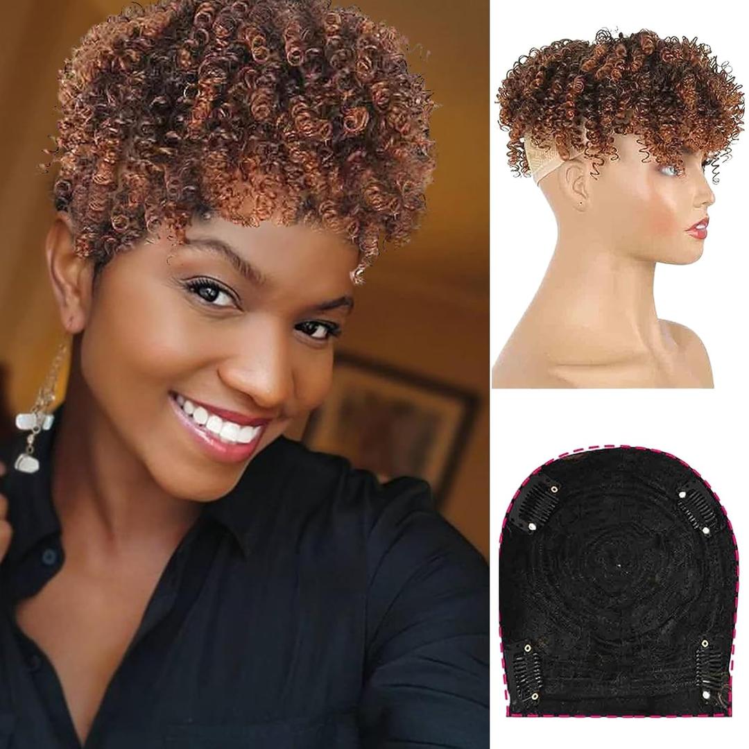 Oseti Afro Kinky Curly Ombre Brown Hair Toppers for Women With Thinning Hair Extensions for Short Hair Clip in Toppers Hair Topper With Bangs Synthetic Pieces Extensions Toupee for Black Women (#T1B/30)