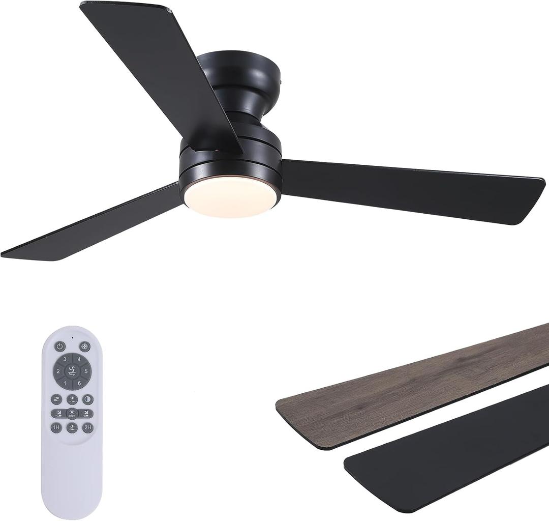 Asyko Ceiling Fans with Lights, 46" Low Profile Ceiling Fan with Light and Remote Control, Flush Mount, Reversible, Dimmable, Noiseless, Black Ceiling Fan for Bedroom