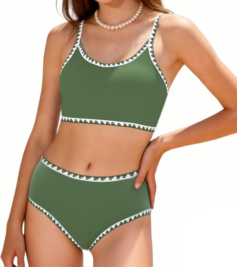 FtcoDcik Girls Swimsuit Double Strap High Waist Sporty Bikini Swimsuits Summer Beach 2 Piece Bikini Sets(13 Years) Green