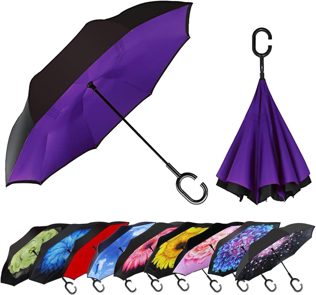 MRTLLOA 40/49/56 Inch Oversize Windproof Inverted Reverse Upside Down Umbrella, Golf Size Rain Umbrella, Double Layer, C-Shaped Handle for Men, Women and Kids