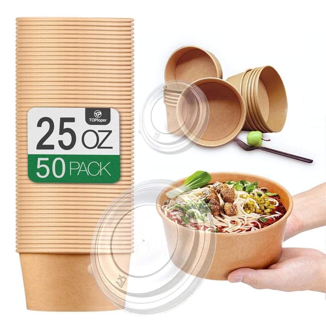 TOPtoper 50 Pack 25 Oz Large Paper Bowls with Lids, Disposable Soup Serving Bowls Bulk Party Supplies for Hot/Cold Food, Soup (25 OZ)