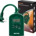 BESTTEN 7 Day Outdoor Digital Programmable Timer with Clock and Push Button, Countdown Timer with Dual Grounded Outlets, Weatherproof, Green, ETL Listed