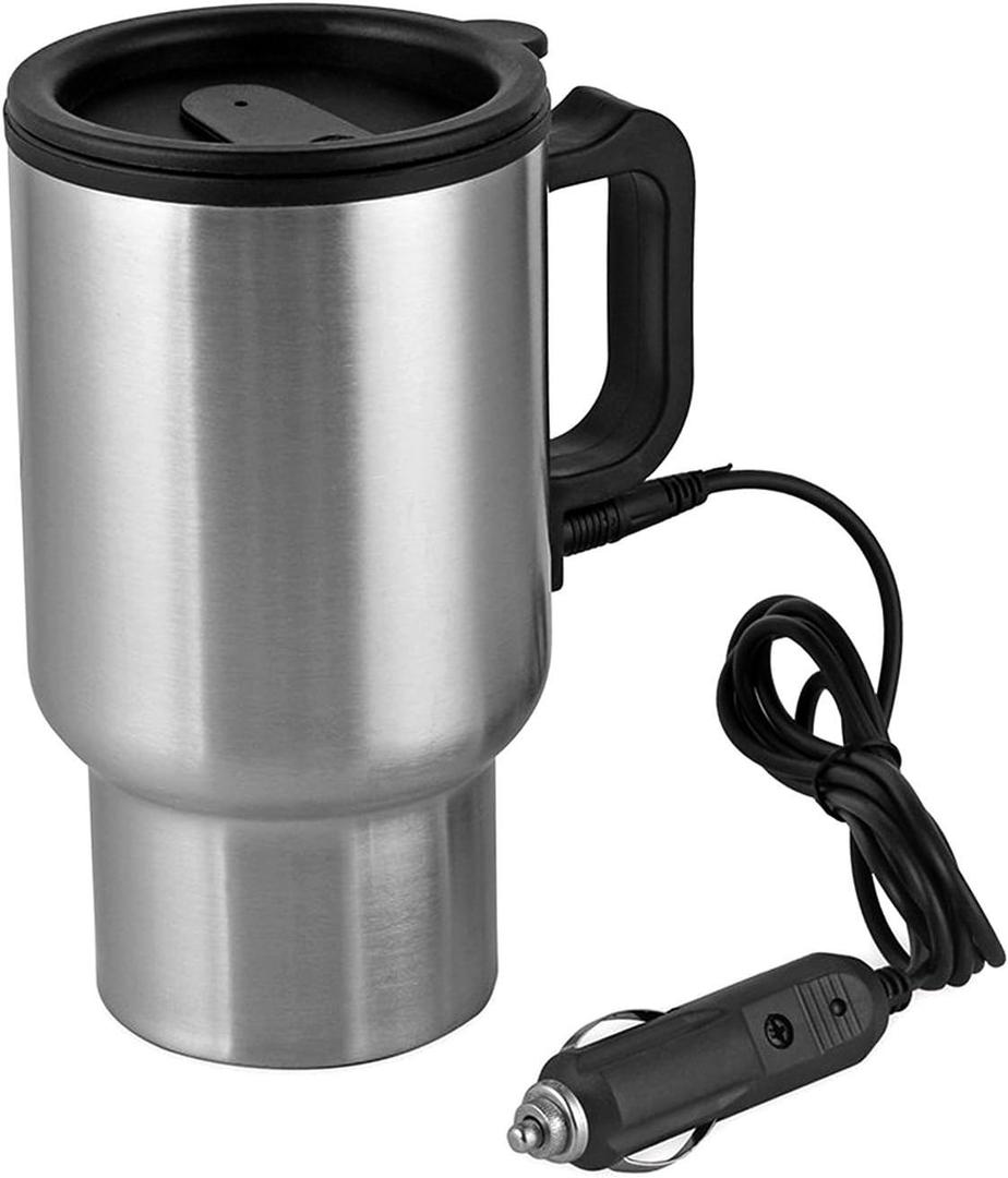 12V Car Heating Cup Car Heated Mug, 450ml Stainless Steel Travel Electric Coffee Cup 14oz. Insulated Heated Thermos Mug