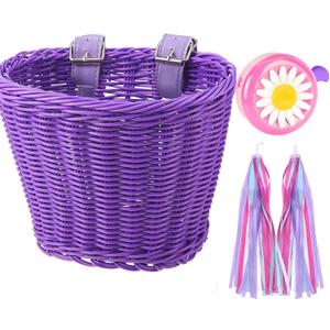 Bike Basket Kid Bicycle Basket Bike Accessories, 1pc Bicycle Bell with Stickers, 1pc Kid Bicycle Front Basket and 1pairs Colorful Ribbons Tassels Decoration for Girl Boy (Purple)