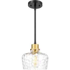 Emak Modern 8 Inch Pendant Lights Kitchen Island, Black and Gold Pendant Light Fixtures with Hammered Glass Shade, Farmhouse Island Lights for Kitchen, Dining Room, Bathroom, PL122-BKBGD-HG